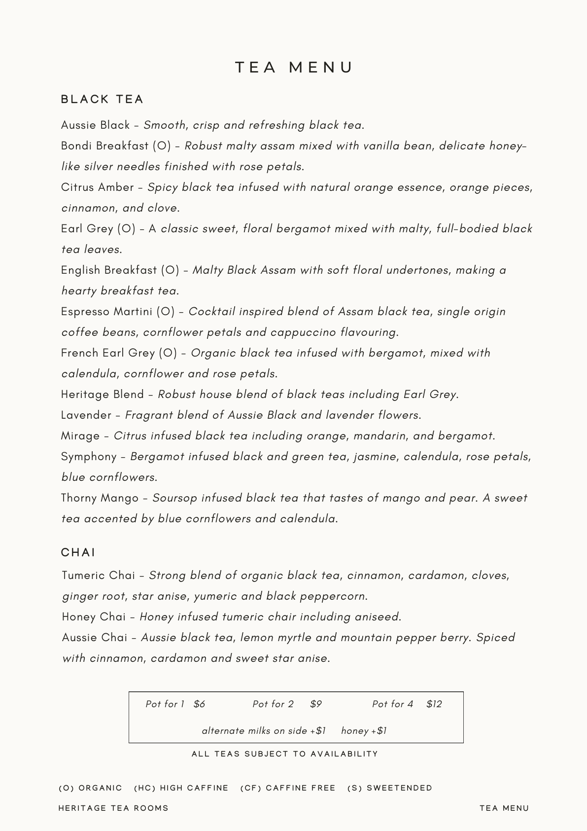 Tea Menu — Black Tea & Chai