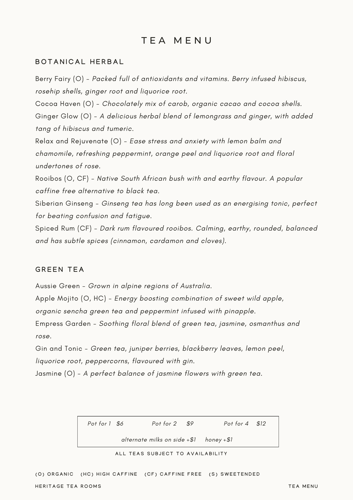 Tea Menu — Herbal & Green Tea