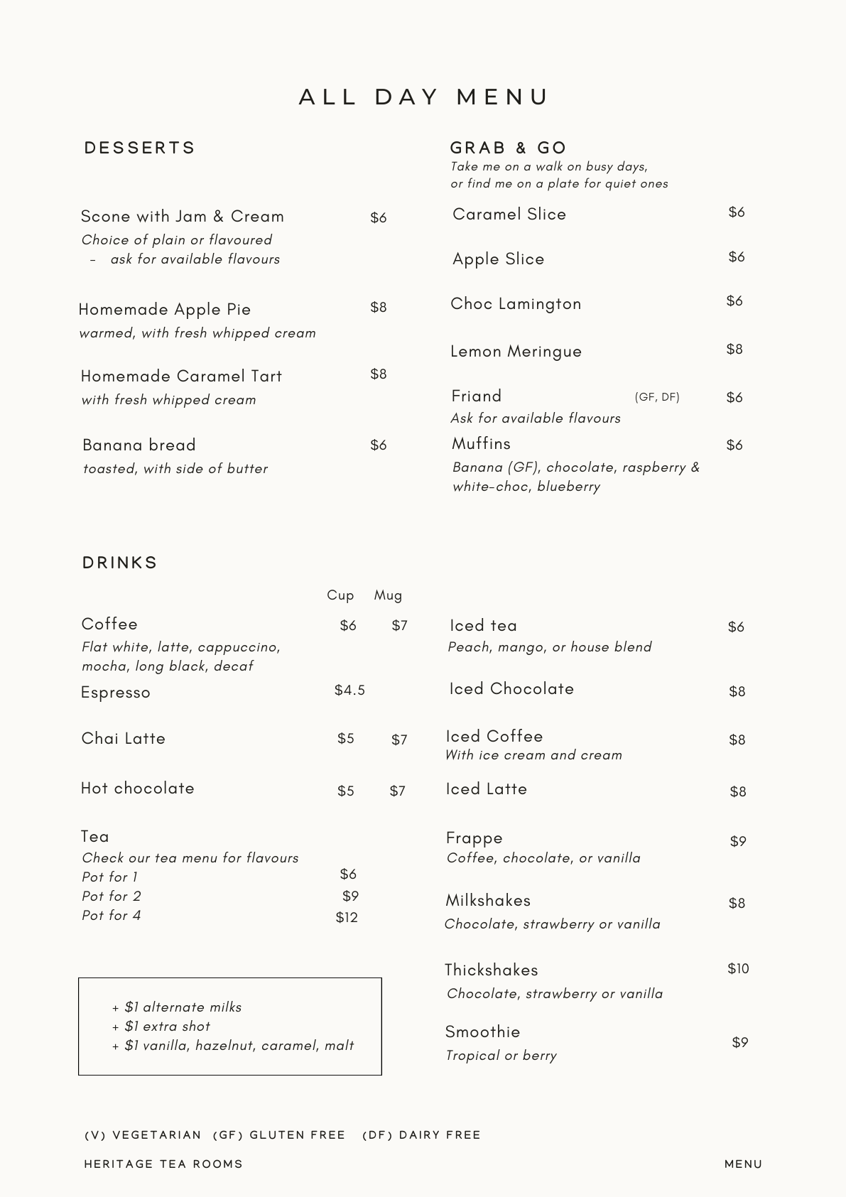 Desserts & Drinks Menu
